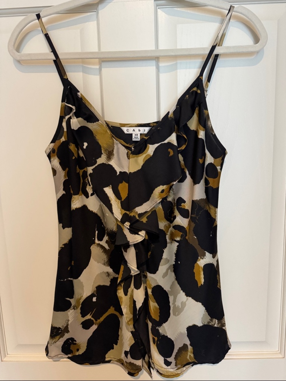 CAbi Black Olive Abstract Ruffle Spaghetti Cami